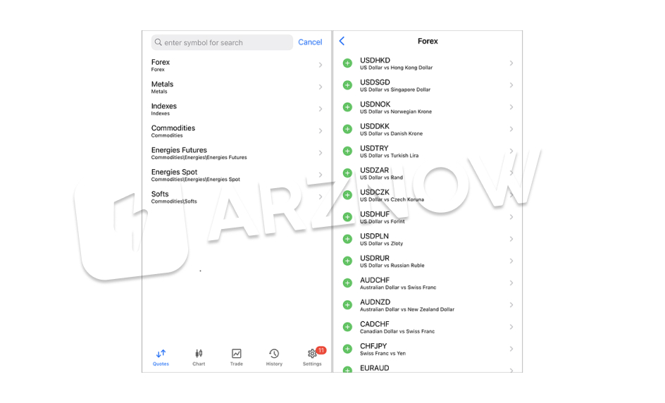 شخصی سازی ابزارهای متاتریدر در ios